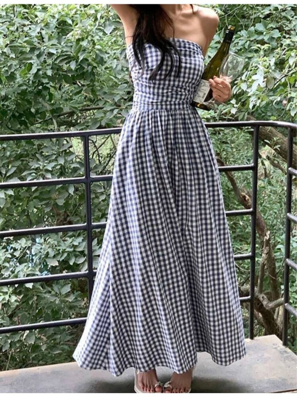 Navy Blue White Gingham Checkered Strapless Summer Midi Dress M